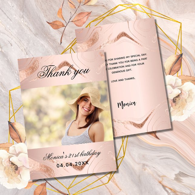 Birthday rose gold marble photo thank you card (Creator Uploaded)