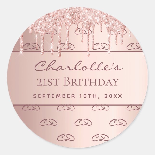 Birthday rose gold monogram initial script classic round sticker (Front)