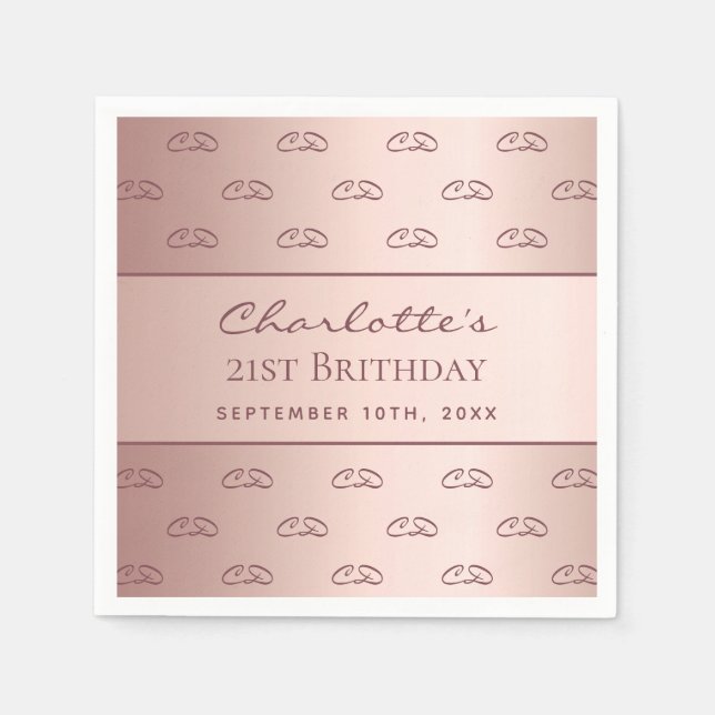 Birthday rose gold monogram initials script napkin (Front)