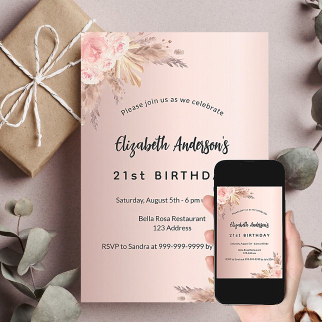 Birthday rose gold pampas grass floral luxury invitation (Creator Uploaded)