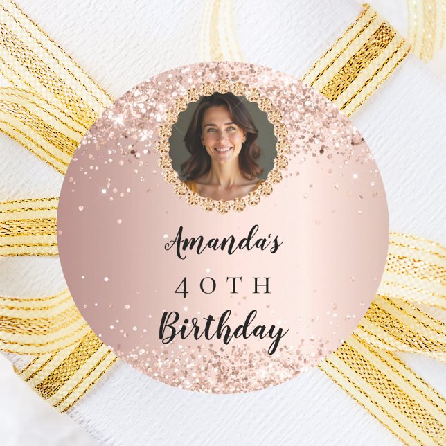 Birthday rose gold photo diamonds classic round sticker (Creator Uploaded)