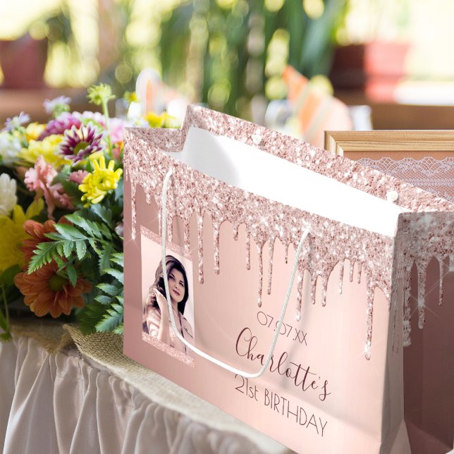 Birthday rose gold photo pink drips large gift bag (Creator Uploaded)