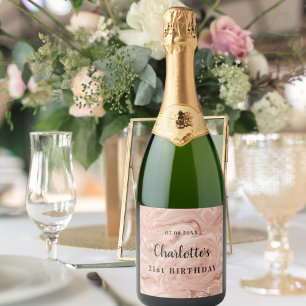 Birthday rose gold pink agate monogram sparkling wine label