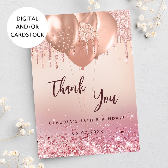 Birthday rose gold pink balloons thank you card (Creator Uploaded)