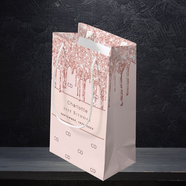 Birthday rose gold pink drips custom monogram small gift bag (Creator Uploaded)