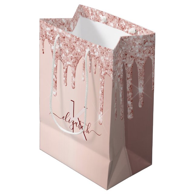 Birthday rose gold pink drips monogram script medium gift bag (Front Angled)