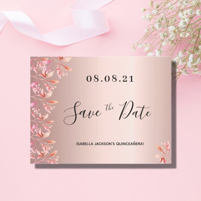 Birthday rose gold pink florals save the date postcard (Creator Uploaded)