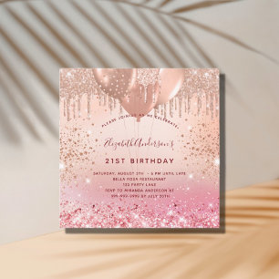 Birthday rose gold pink glitter balloons glam invitation