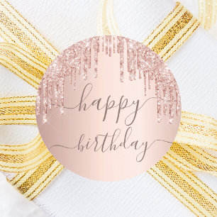 Birthday rose gold pink glitter drips party classic round sticker