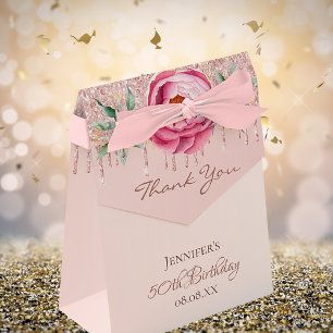 Birthday rose gold pink glitter floral thank you favour box