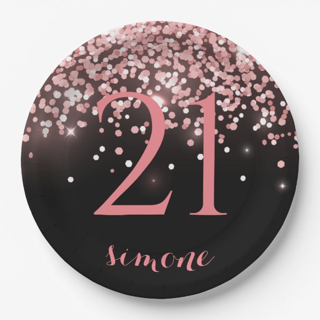 Birthday rose gold pink glitter glam 21st paper plate (Front)