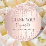 Birthday rose gold pink glitter name Thank You Classic Round Sticker<br><div class="desc">A sticker for a girly and glamourous 50th (or any age) birthday party.  A rose gold gradient background with faux glitter drips,  paint dripping look. The text: Thank You. Personalise and add name and age 50. The name is written with a modern hand lettered style script.</div>