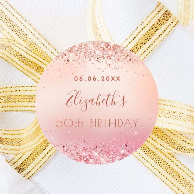 Birthday rose gold pink name classic round sticker (Creator Uploaded)