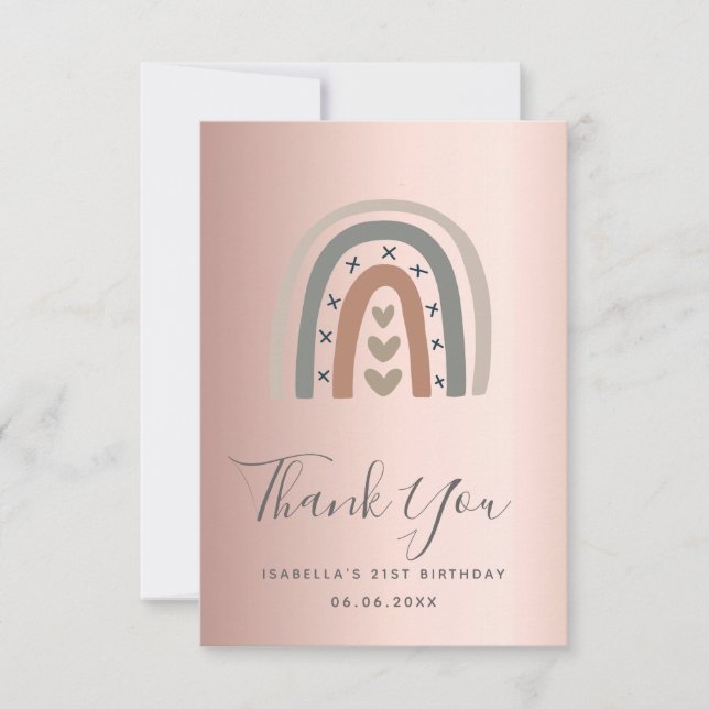 Birthday rose gold pink rainbow grey thank you card (Front)