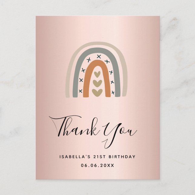 Birthday rose gold pink rainbow grey thank you postcard (Front)