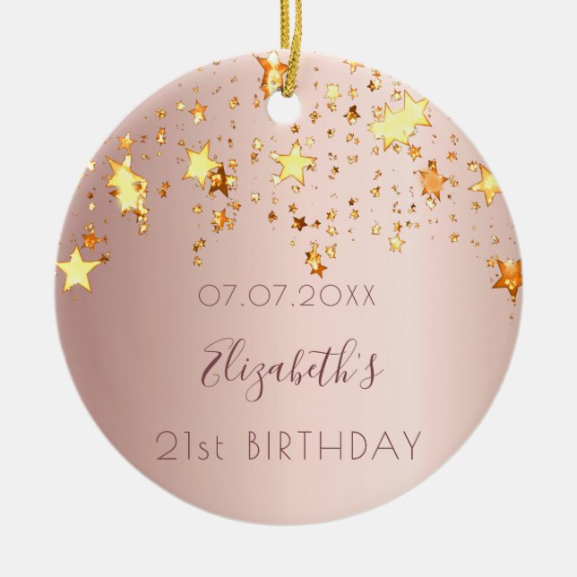 Birthday rose gold pink stars friends ceramic tree decoration (Front)