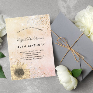 Birthday rose gold rustic sunflower glitter dust invitation