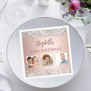 Birthday rose gold silver confetti photo napkin