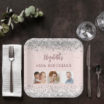 Birthday rose gold silver confetti photo paper plate<br><div class="desc">For a girly and glamourous 50th (or any age) birthday party. A rose gold gradient background decorated with faux silver confetti. The text: The name is written in dark rose gold with a large modern hand lettered style script. Personalise and add name, age 50 and 3 of your own photos...</div>