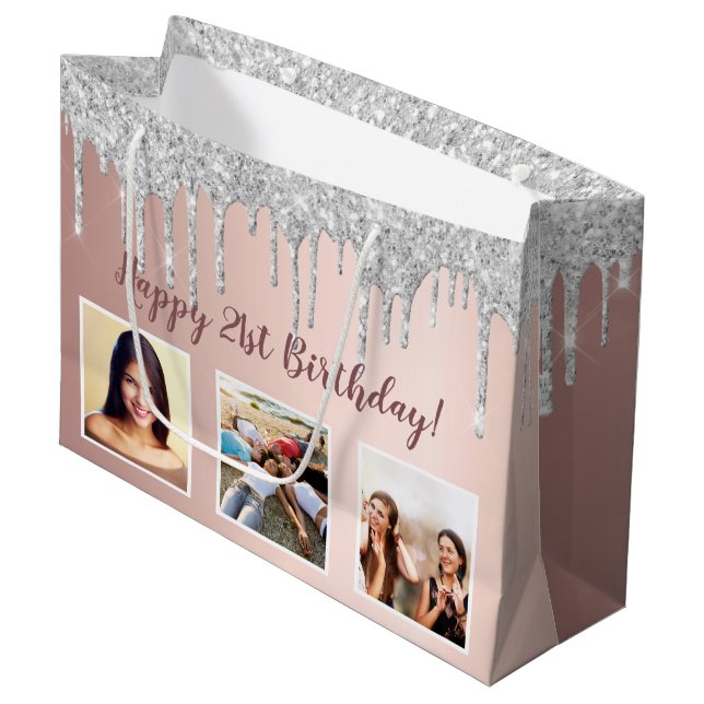 Birthday rose gold Silver drips photo Large Gift Bag (Front Angled)
