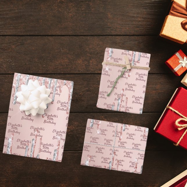 Birthday rose gold silver glitter drips name wrapping paper sheet (Creator Uploaded)