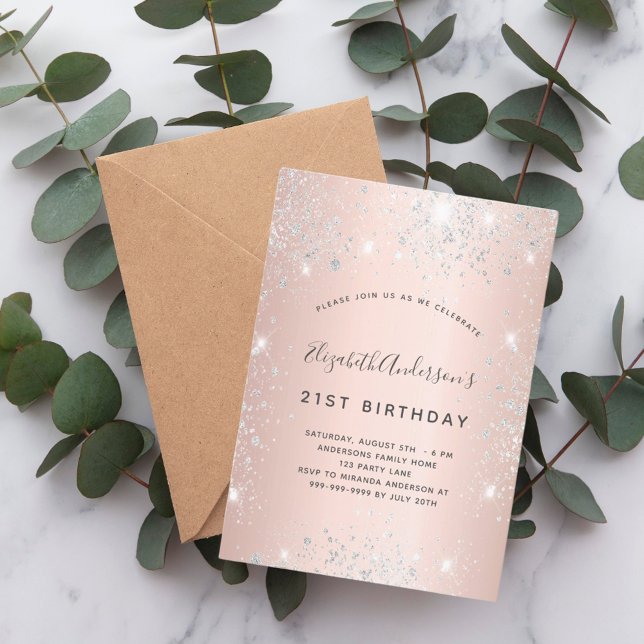 Birthday rose gold silver glitter dust modern invitation (Creator Uploaded)