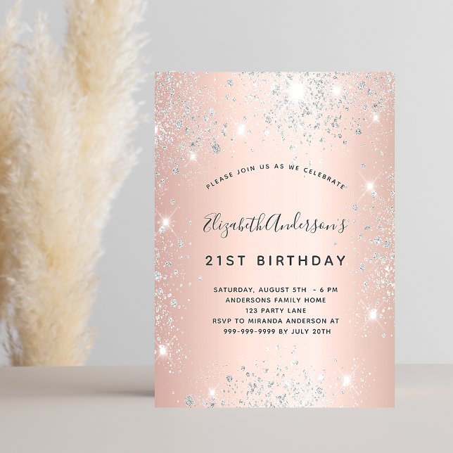 Birthday rose gold silver glitter dust modern invitation postcard (Creator Uploaded)