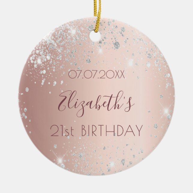 Birthday rose gold silver glitter dust name ceramic tree decoration (Front)