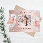 Birthday rose gold silver glitter florals photo thank you card<br><div class="desc">A simple and elegant thank you card with photo.  A rose gold faux metallic looking background,  a white frame,  faux silver glitter dust, white and rose gold roses,  florals.   Personalise and add your thank you note,  photo and name.</div>