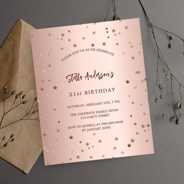 Birthday rose gold stars budget party invitation flyer (Creator Uploaded)