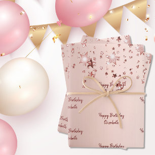Birthday rose gold stars pink sparkle monogram wrapping paper sheet