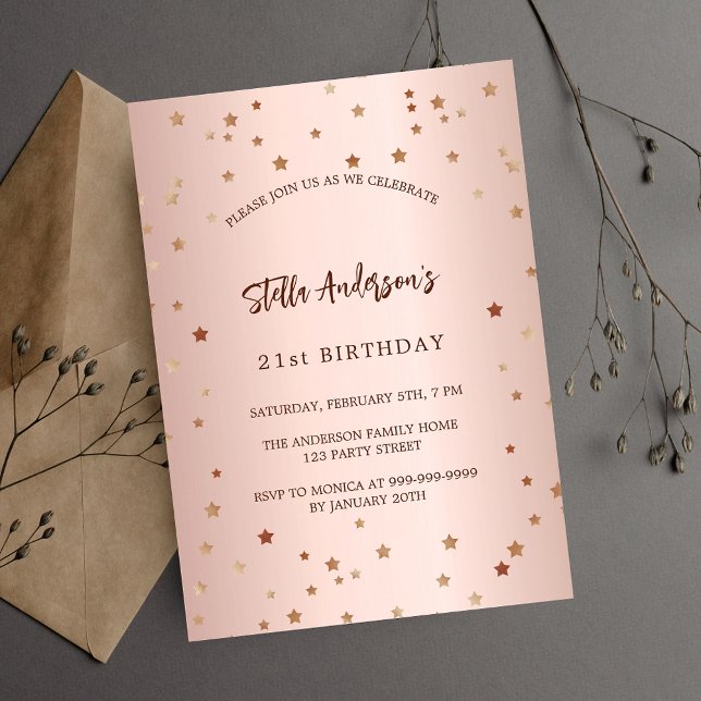 Birthday rose gold stars simple luxury invitation (Creator Uploaded)