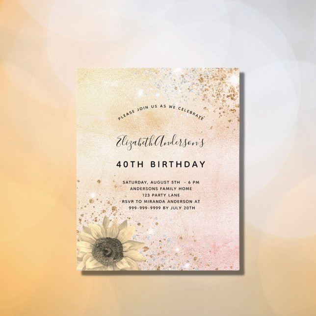 Birthday rose gold sunflower budget invitation (Creator Uploaded)