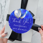 Birthday royal blue drips name thank you  classic round sticker<br><div class="desc">A trendy royal blue background. Decorated with drips,  paint dripping look,  sparkles and balloons.  Personalise and add a name.</div>