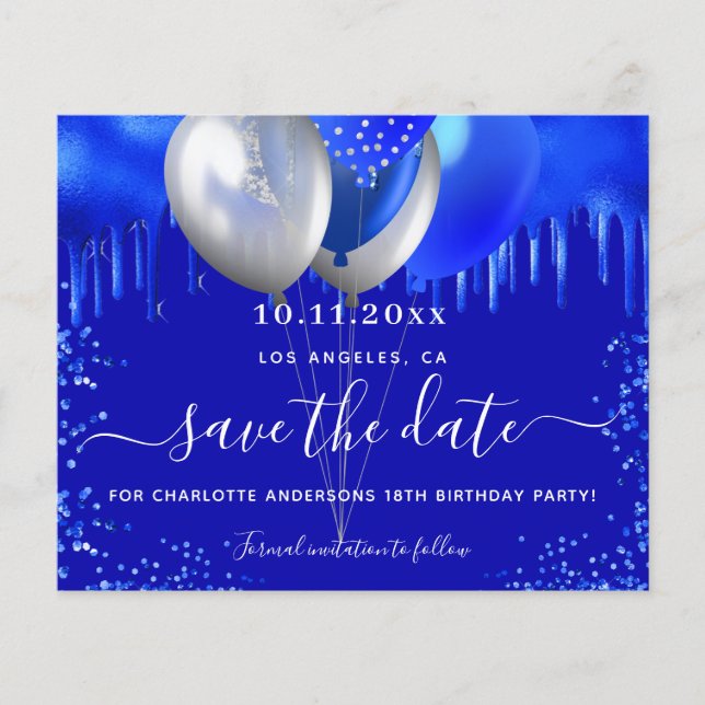 Birthday royal blue glitter budget save the date flyer (Front)