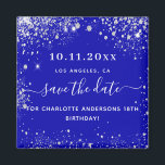 Birthday royal blue glitter save the date magnet<br><div class="desc">A trendy royal blue background. Decorated with faux silver glitter dust. Personalise and add a date and name/age 18 (or any age).  The text: Save the Date is written with a large trendy hand lettered style script.</div>