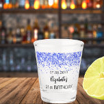 Birthday royal blue glitter sparkles name shot glass<br><div class="desc">For a 21st (or any age) birthday. Transparent background.  Decorated with royal blue faux glitter,  sparkles.  Personalise and add a date,  name and age.</div>