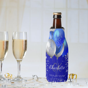 Birthday royal blue gold balloons monogram name bottle cooler