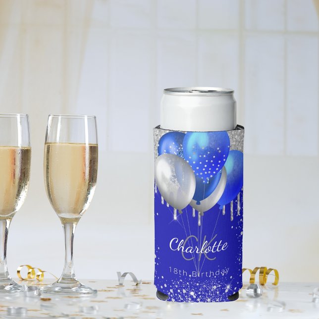 Birthday royal blue gold balloons monogram name seltzer can cooler (Creator Uploaded)