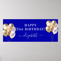 Birthday royal blue gold balloons name script
