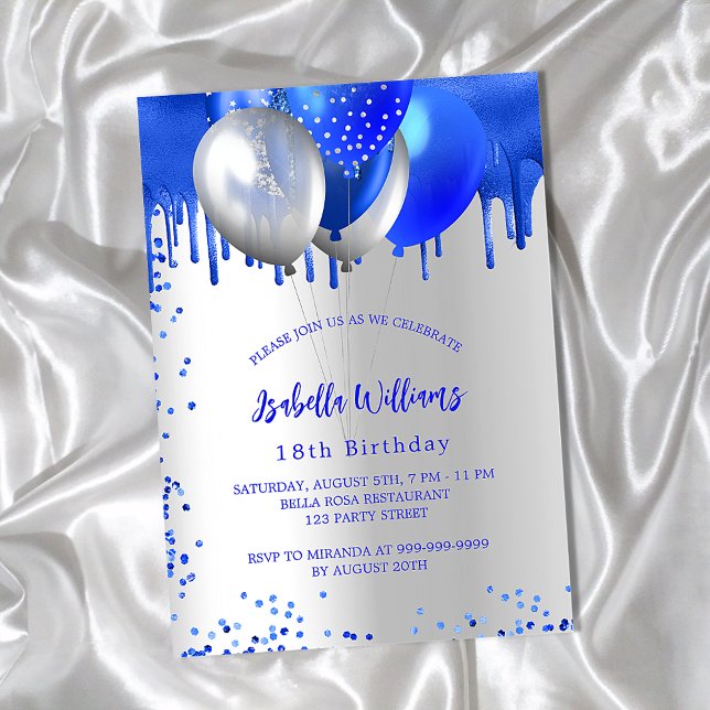 Birthday royal blue silver balloons luxury invitation (Creator Uploaded)