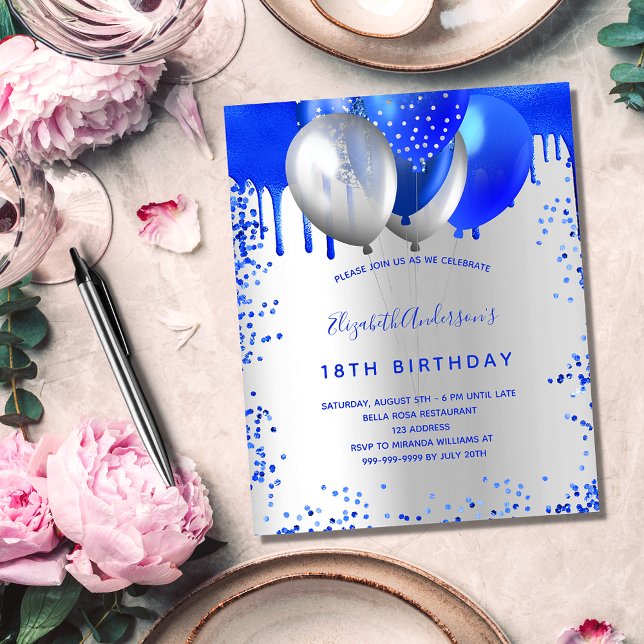 Birthday royal blue silver budget invitation flyer (Creator Uploaded)