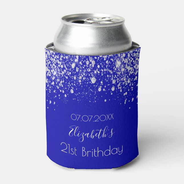 Birthday royal blue silver glitter dust monogram can cooler (Can Front)