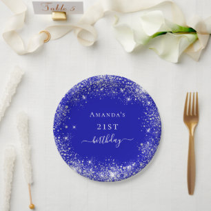 Birthday royal blue silver glitter dust monogram paper plate