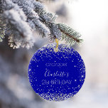 Birthday royal blue silver glitter friends ceramic tree decoration<br><div class="desc">An ornament for a girly and glamourous 21st (or any age)  birthday . A royal blue background with faux silver glitter,  sparkles.  On the front: Personalise and add a date,  a name and age.
Back:  Happy birthday and names from friends.</div>