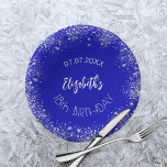Birthday royal blue silver glitter name paper plate<br><div class="desc">A paper plate for a girly and glamourous 18th (or any age) birthday party.  A chic royal blue background with faux silver glitter,  sparkles. The text: The name is written with a large modern hand lettered style script. Personalise and add a date,  name and age.</div>
