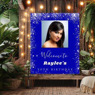 Birthday royal blue silver glitter photo welcome poster