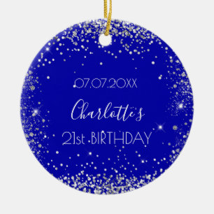 Birthday royal blue silver glitter sparkles ceramic tree decoration