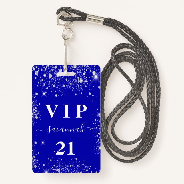 Birthday royal blue silver glitter vip invitation ID badge (Front with Lanyard)