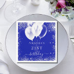 Birthday royal blue silver glitter white balloons napkin<br><div class="desc">A napkin for a girly and glamourous 21st (or any age) birthday party.  A royal blue background with elegant faux silver sparkles and white balloons.   Personalise and add a name and age 21.  White letters.</div>